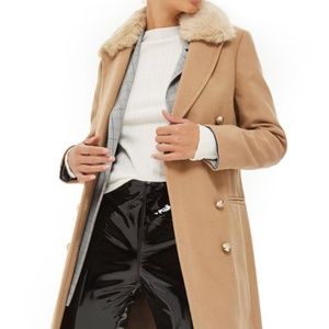 Topshop Nina Faux Fur Collar Double Breasted Coat